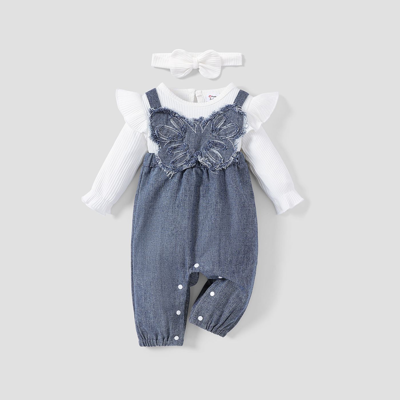 2pcs Baby Girl Sweet Bow Print Long Sleeve Denim Jumpsuit Set