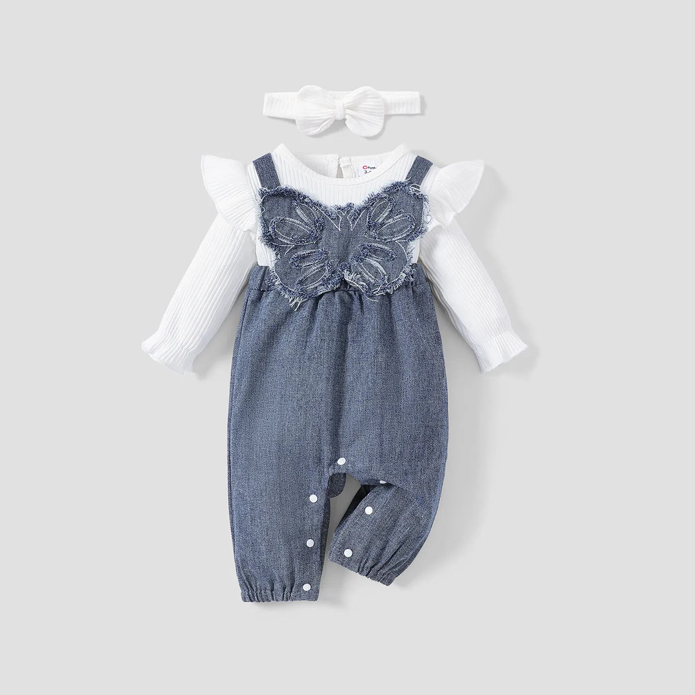 2pcs Baby Girl Sweet Bow Print Long Sleeve Denim Jumpsuit Set  big image 1
