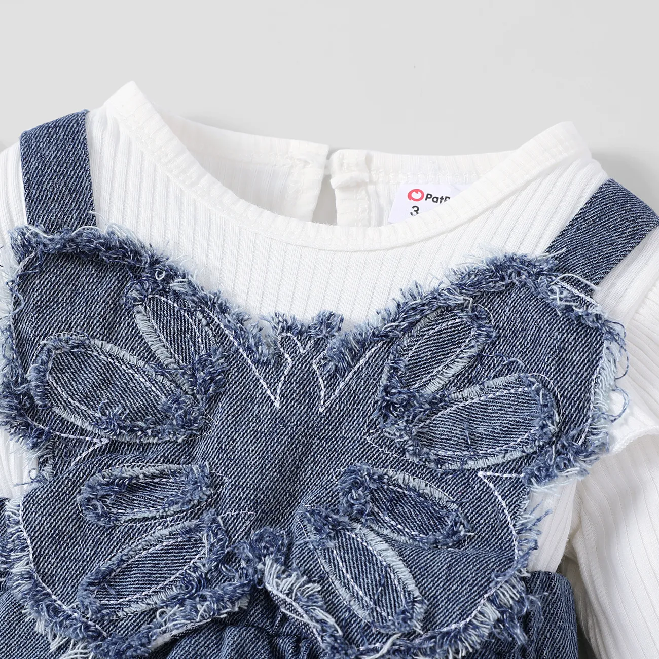 2pcs Baby Girl Sweet Bow Print Long Sleeve Denim Jumpsuit Set Blue big image 1