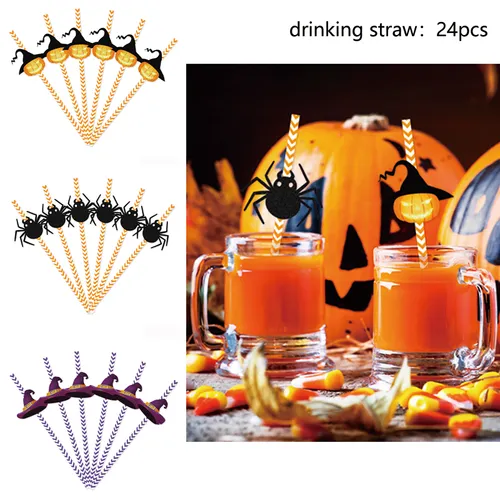 Set of 24 Halloween Decorative Paper Straws with Spider, Pumpkin, and Witch Attachments