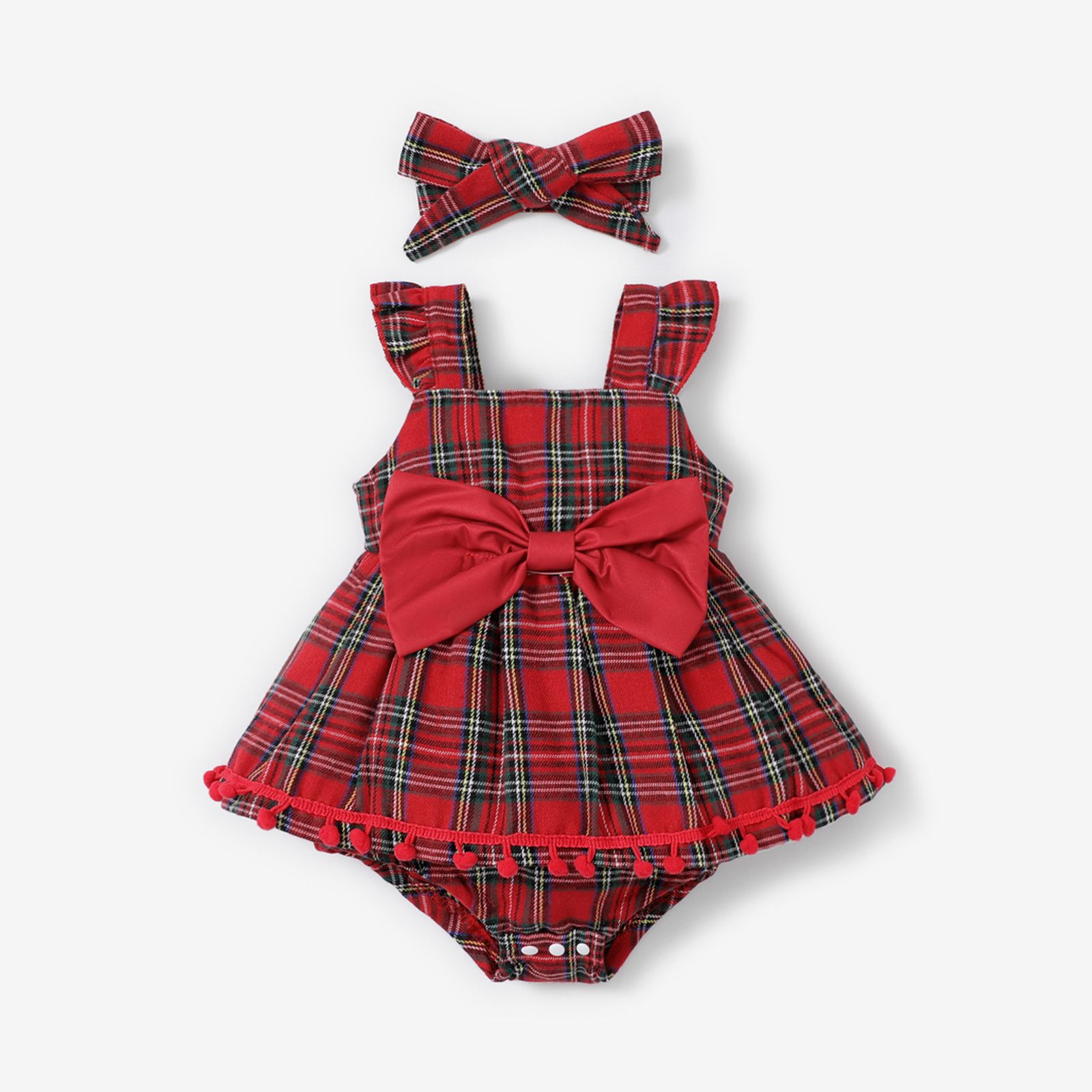 

2pcs Baby Girl Red Plaid Flutter-sleeve Bow Front Pom Poms Romper with Headband Set