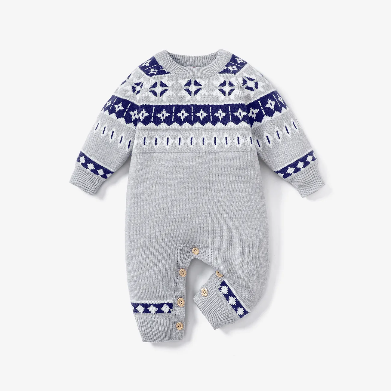 Baby Boy Long-sleeve Argyle Pattern Grey Knitted Jumpsuit Grey big image 1