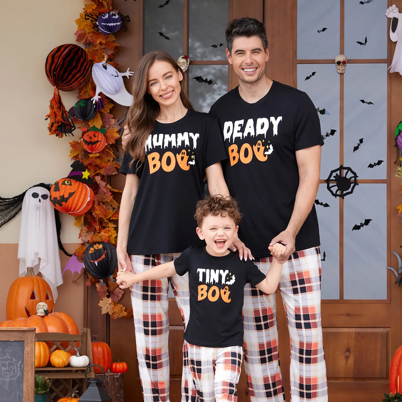 Halloween Family Mtaching Letter Print Plaid Pajamas Sets (Flame Resistant)
 Black big image 1