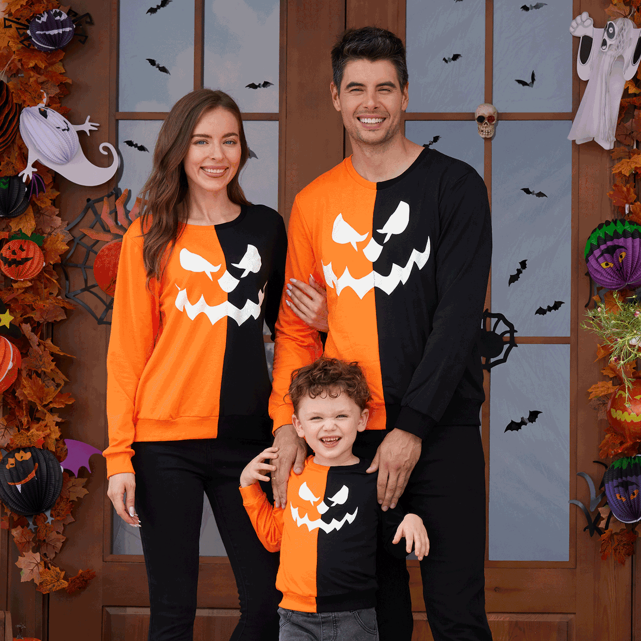 Halloween Family Matching Glow In The Dark Pumpkin Print Long-sleeve Colorblock Sweatshirts ColorBlock big image 1