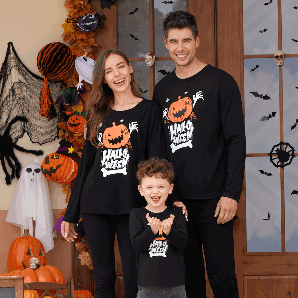 Family Matching Halloween Pumpkin and Glow In The Dark Letter Print Black Long-sleeve Sweatshirts  big image 3