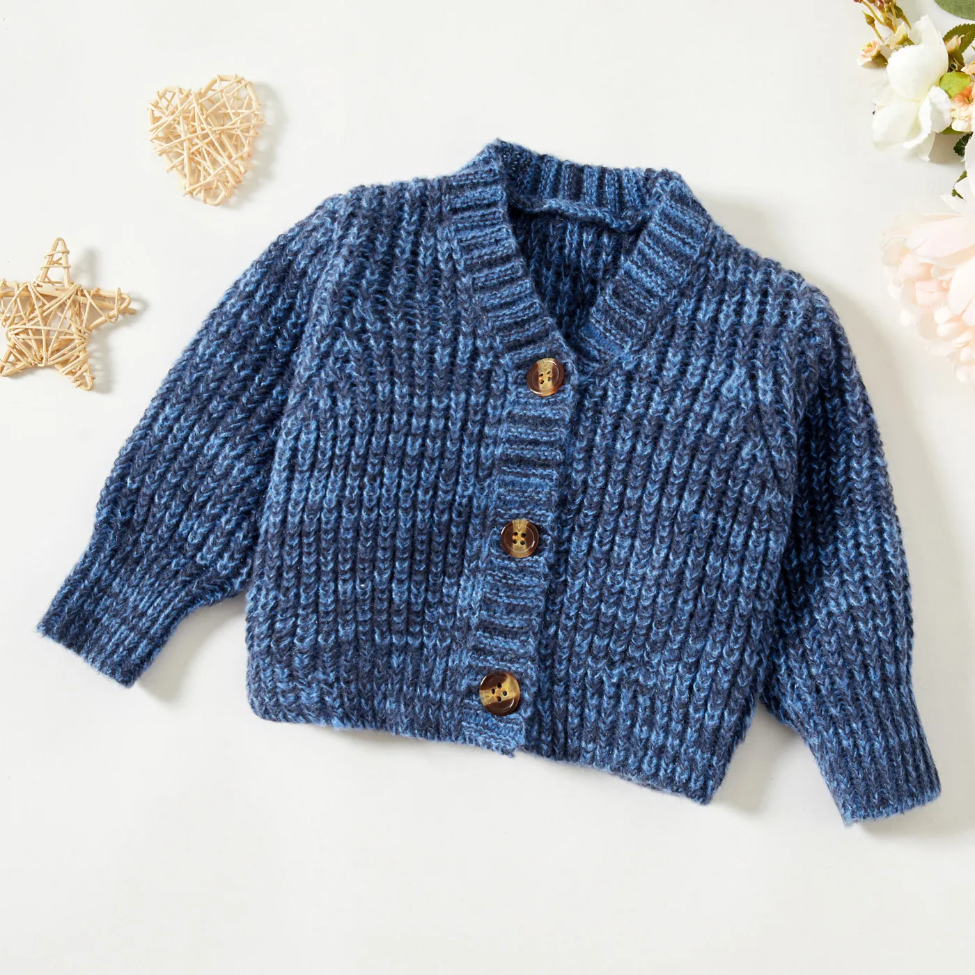 Toddler Girl Button Design Waffle Knit Sweater Cardigan Dark Blue