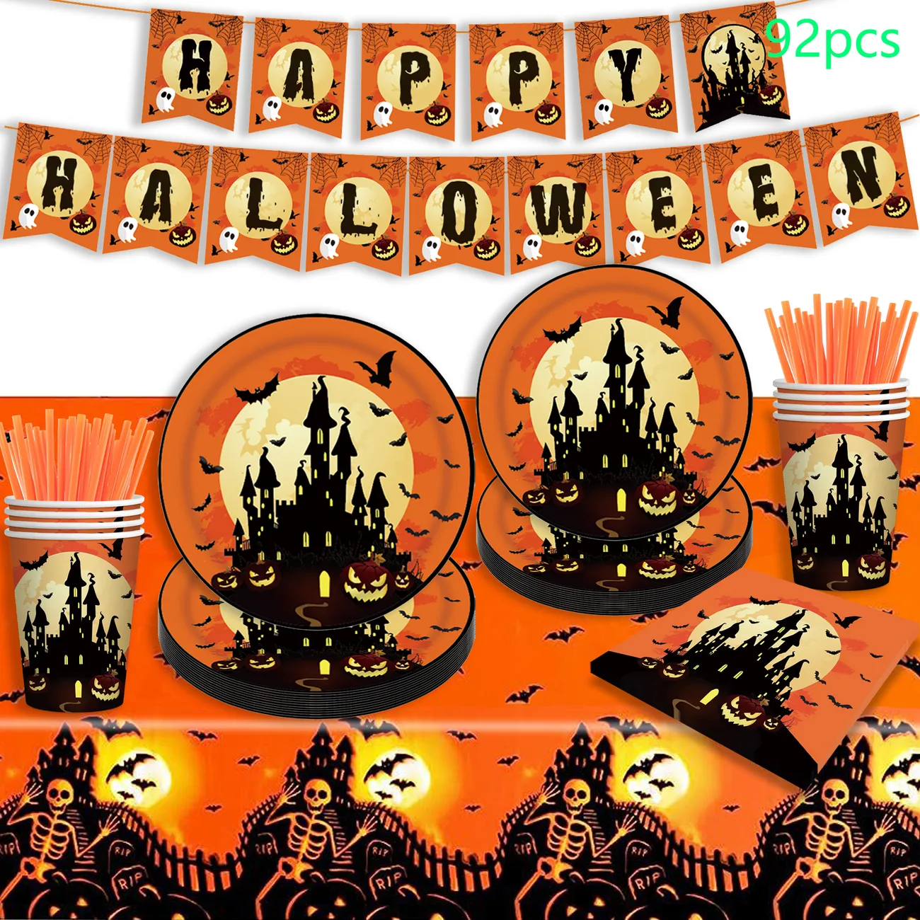 Orange Halloween Themed Party Decoration Set with Castle and Pumpkin Design big image 1