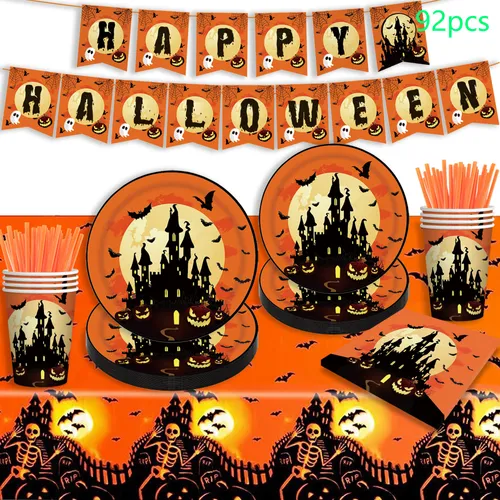 Orangefarbenes Halloween-Party-Deko-Set mit Schloss- und Kürbis-Design