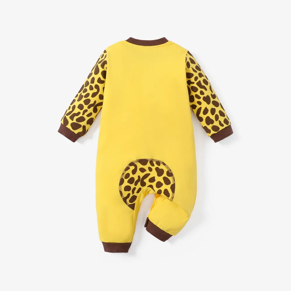 100% Cotton Giraffe Print Long-sleeve Yellow Baby Jumpsuit big image 2