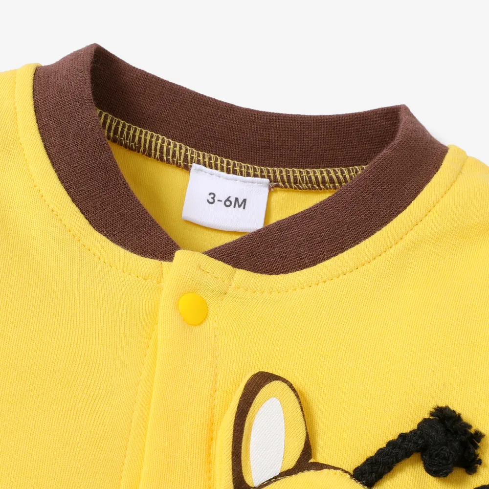 100% Cotton Giraffe Print Long-sleeve Yellow Baby Jumpsuit big image 3