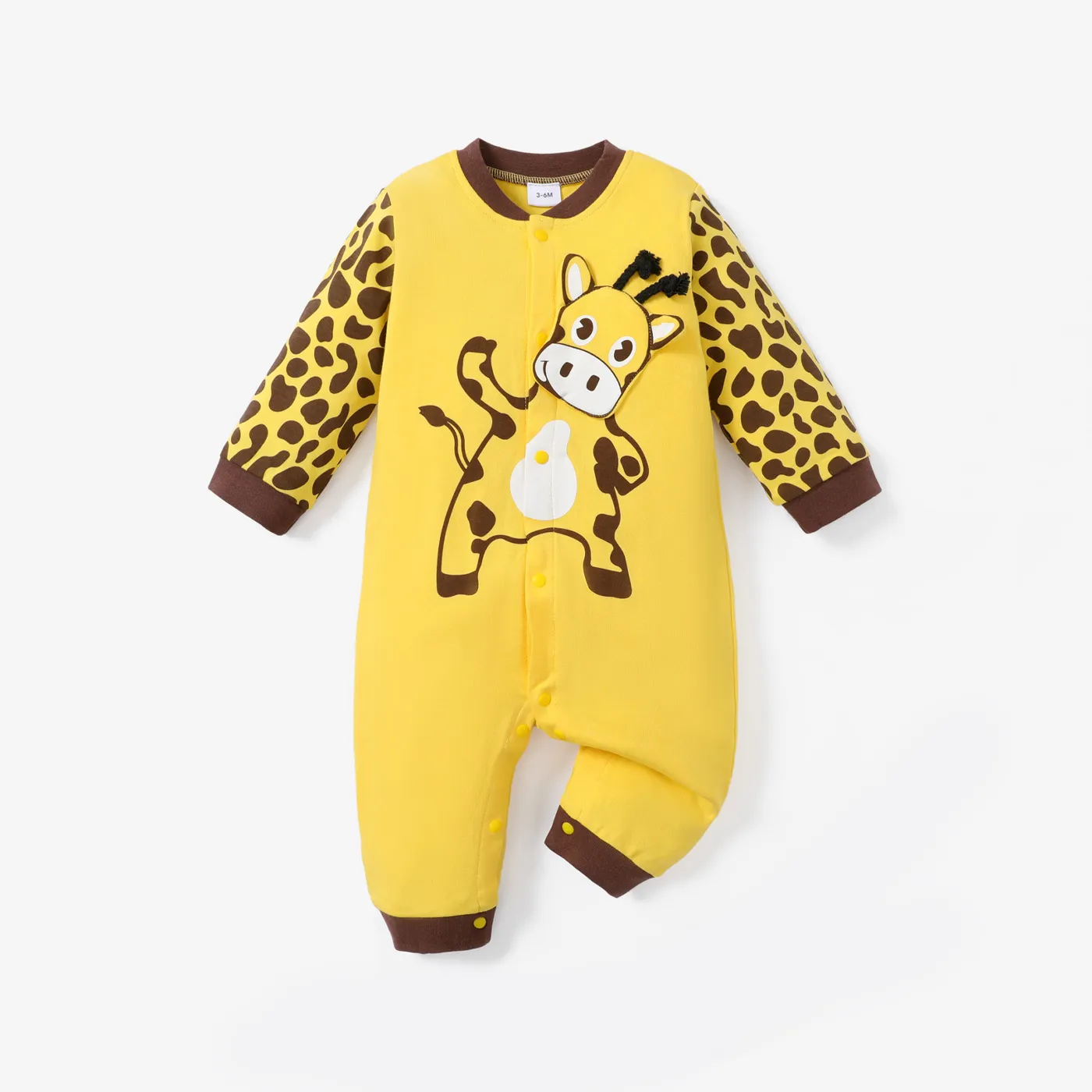 100% Cotton Giraffe Print Long-sleeve Yellow Baby Jumpsuit