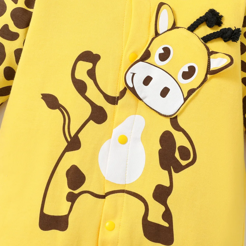 100% Cotton Giraffe Print Long-sleeve Yellow Baby Jumpsuit big image 4
