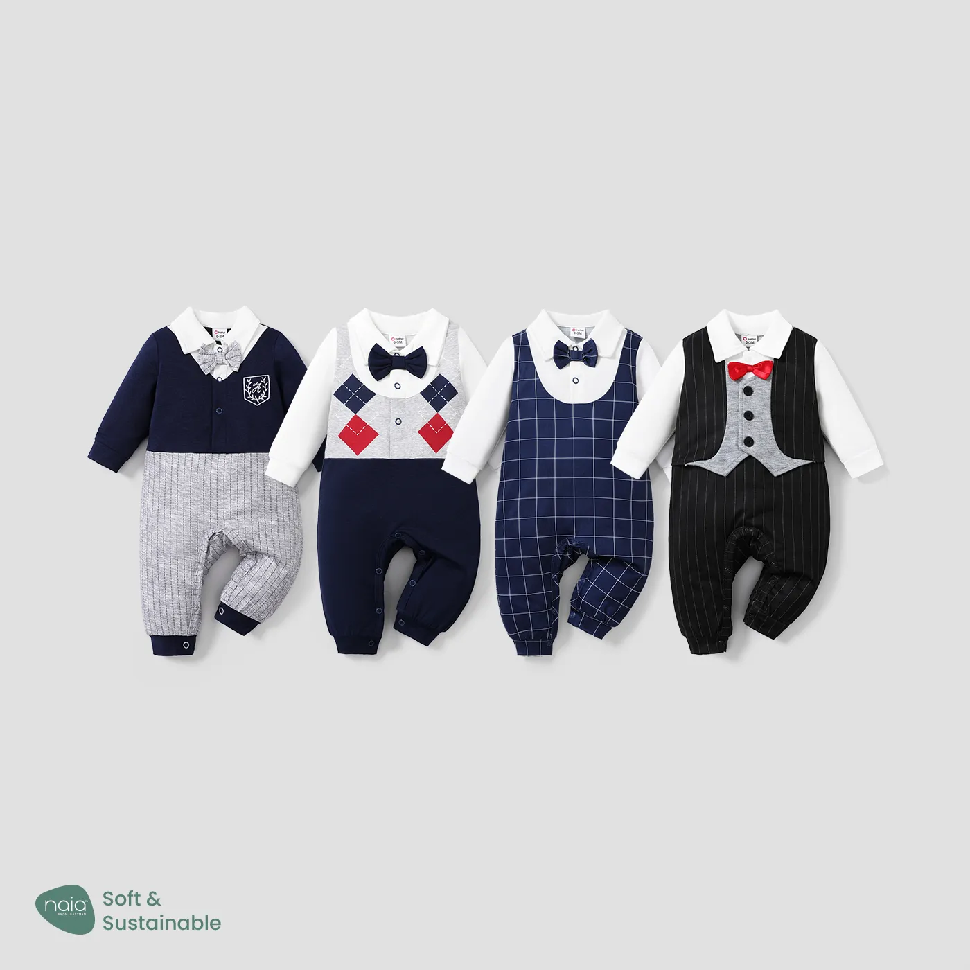 Baby Boy de manga comprida Faux-two listrado cavalheiro bow tie macacão colorblock image 4