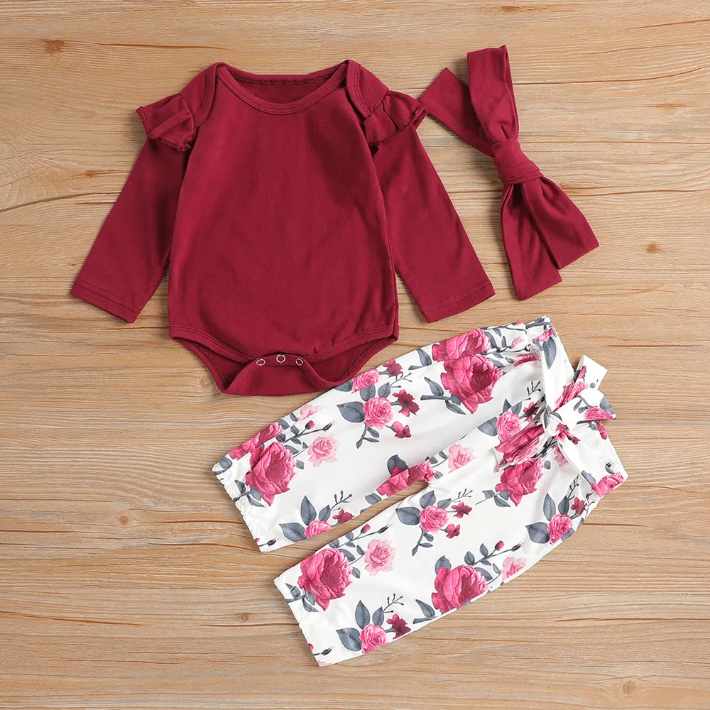 3pcs Baby Girl 95% Cotton Ruffle Long-sleeve Romper and Floral Print Pants with Headband Set  big image 2