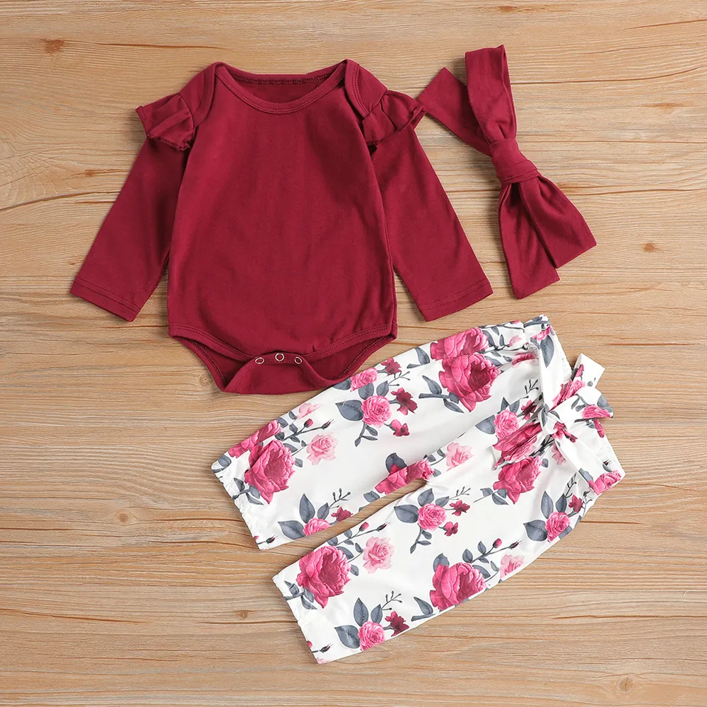 3pcs Baby Girl 95% Cotton Ruffle Long-sleeve Romper and Floral Print Pants with Headband Set big image 2