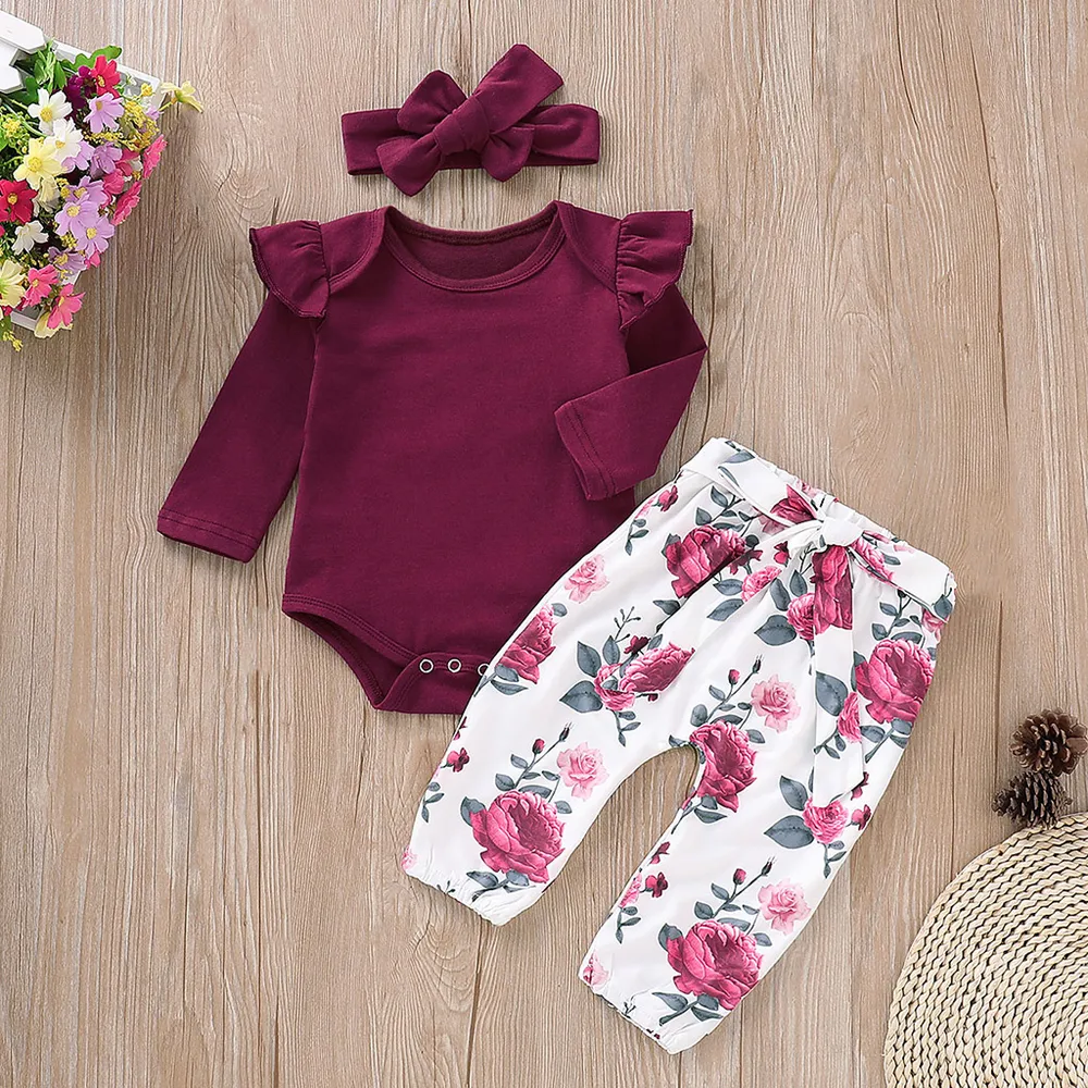 3pcs Baby Girl 95% Cotton Ruffle Long-sleeve Romper and Floral Print Pants with Headband Set  big image 1