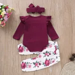 3pcs Baby Girl 95% Cotton Ruffle Long-sleeve Romper and Floral Print Pants with Headband Set Deep Magenta image 2