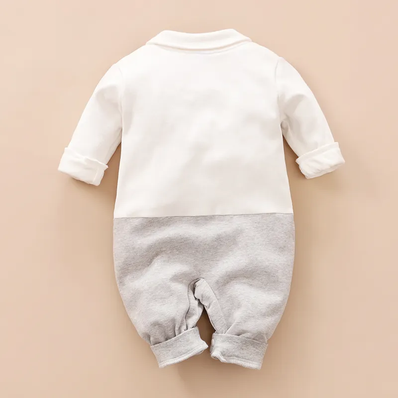 100% Cotton Color Block Lapel Collar Bow Tie Decor Faux-two Long-sleeve Baby Jumpsuit White image 2