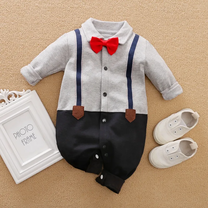 100% Cotton Color Block Lapel Collar Bow Tie Decor Faux-two Long-sleeve Baby Jumpsuit Grey