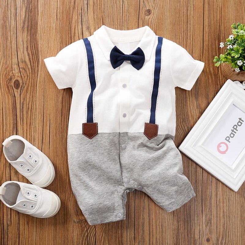 100% Cotton Faux-two Design Bow Tie Decor Short-sleeve Baby Romper