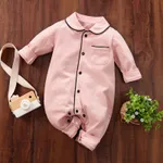 100% Cotton Solid Polo Collar Long-sleeve Baby Jumpsuit Pink