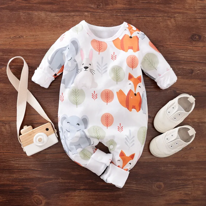 

100% Cotton Fox Elephant Rabbit Print Long-sleeve Baby Jumpsuit