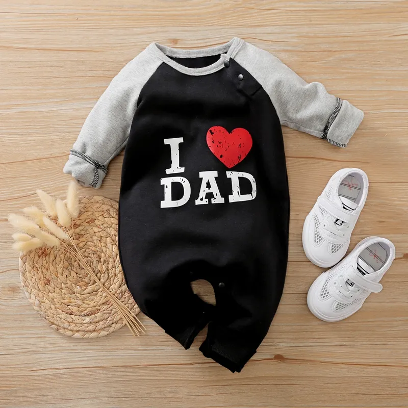 100% Cotton Letter and Heart Print Long-sleeve Baby Jumpsuit Black