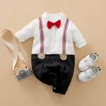 100% Cotton Color Block Lapel Collar Bow Tie Decor Faux-two Long-sleeve Baby Jumpsuit Red/White