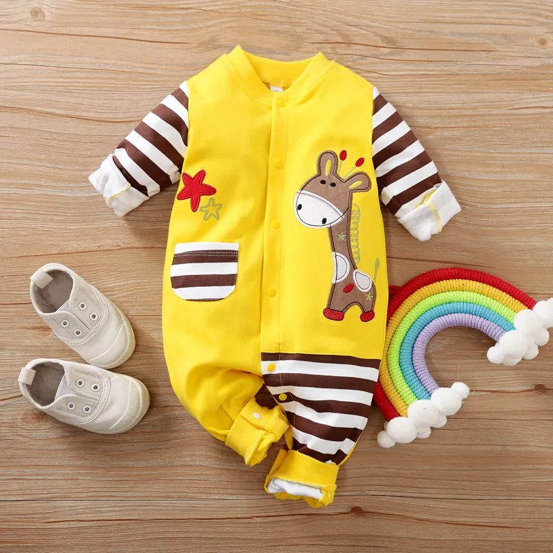 100% Cotton Giraffe Applique Stripe Print Long-sleeve Baby Jumpsuit Yellow big image 1