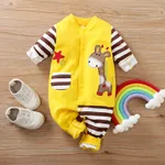 100% Cotton Giraffe Applique Stripe Print Long-sleeve Baby Jumpsuit Yellow