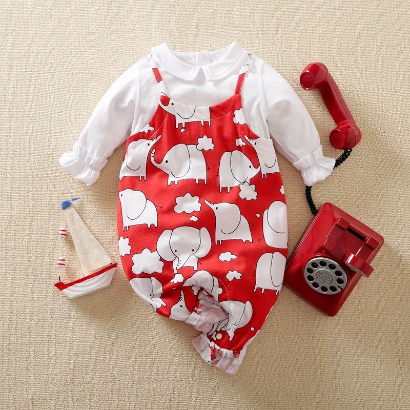 

100% Cotton Elephant Print Faux-two Long-sleeve Pink Baby Jumpsuit