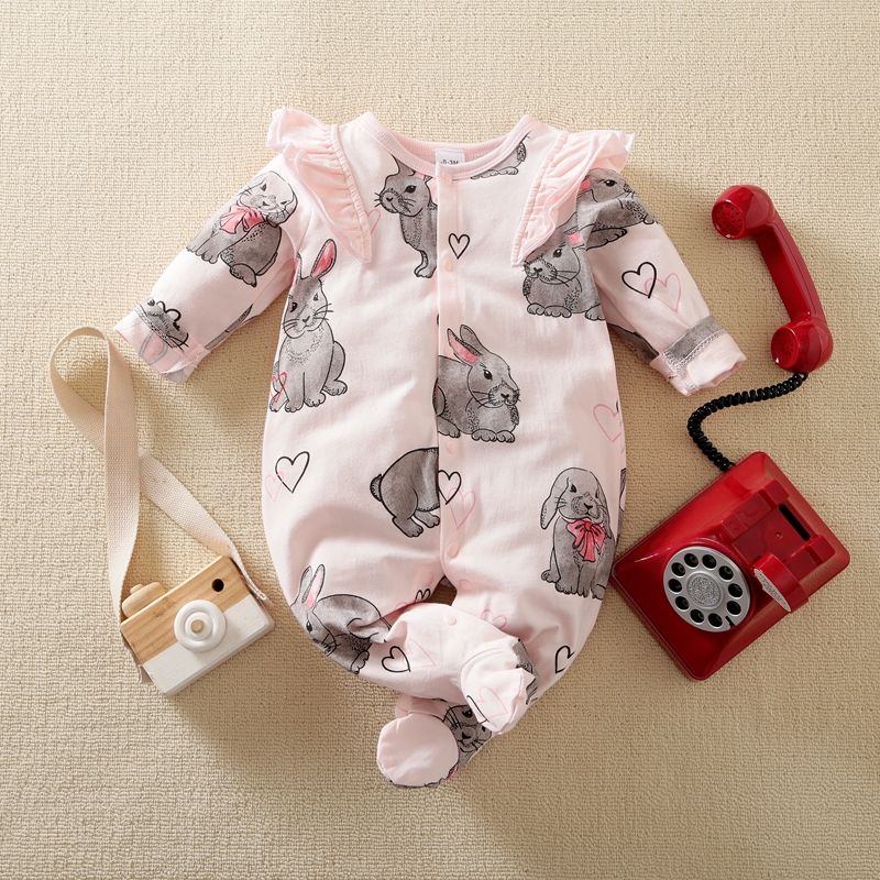 

100% Cotton Rabbit Print Footed/footie Long-sleeve Baby Jumpsuit