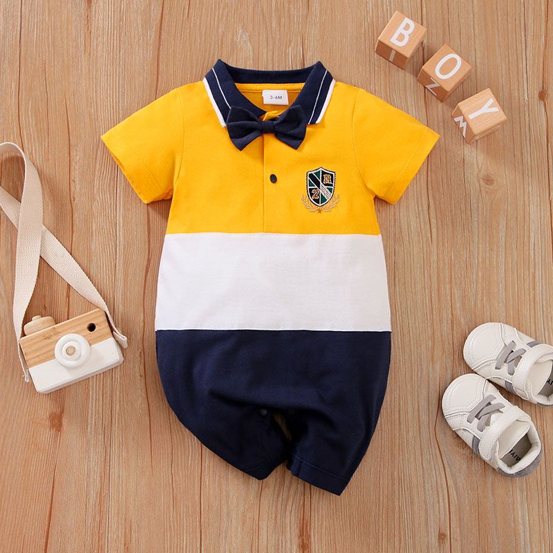 

100% Cotton Baby Boy Contrast Collar Colorblock Short-sleeve Gentleman Bow Tie Romper