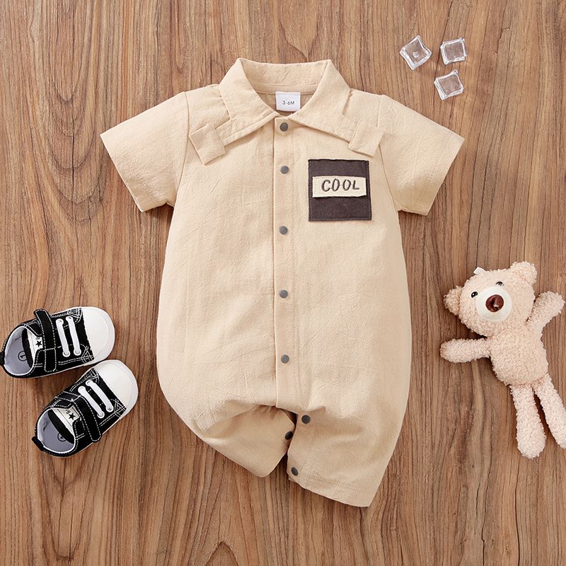 

100% Cotton Baby Boy Letter Embroidered Solid Short-sleeve Snap Jumpsuit