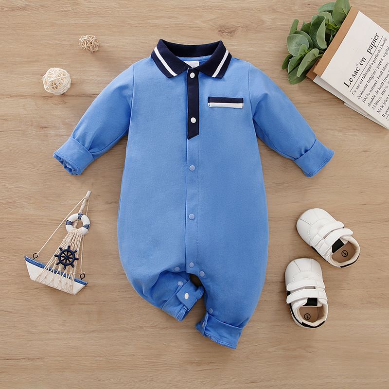 

100% Cotton Baby Boy Contrast Collar Long-sleeve Button Front Jumpsuit