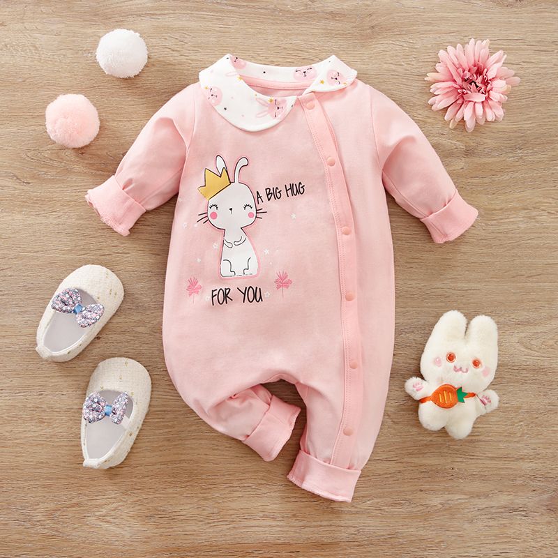 

100% Cotton Baby Girl Rabbit & Letter Print Asymmetric Collar Long-sleeve Jumpsuit