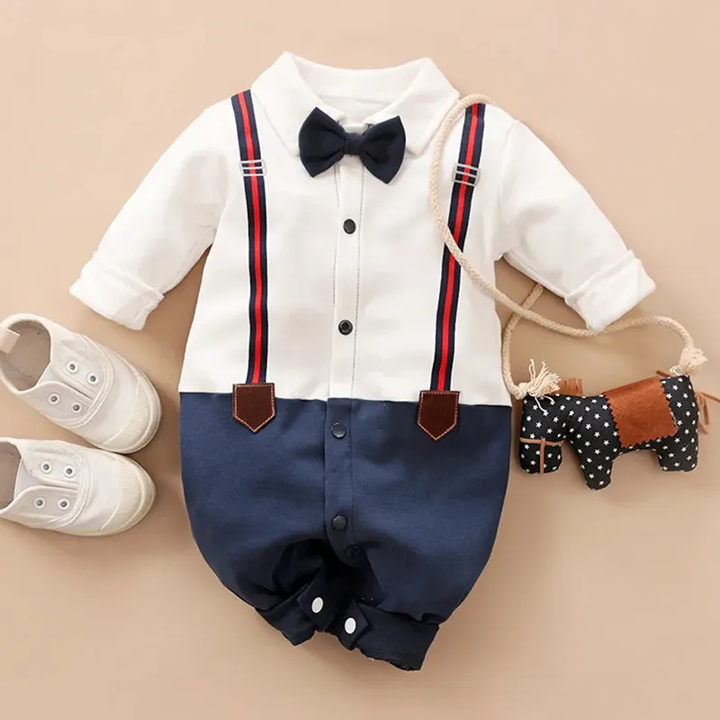 100% Cotton Color Block Lapel Collar Bow Tie Decor Faux-two Long-sleeve Baby Jumpsuit
