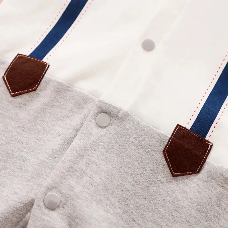 100% Cotton Color Block Lapel Collar Bow Tie Decor Faux-two Long-sleeve Baby Jumpsuit White image 6
