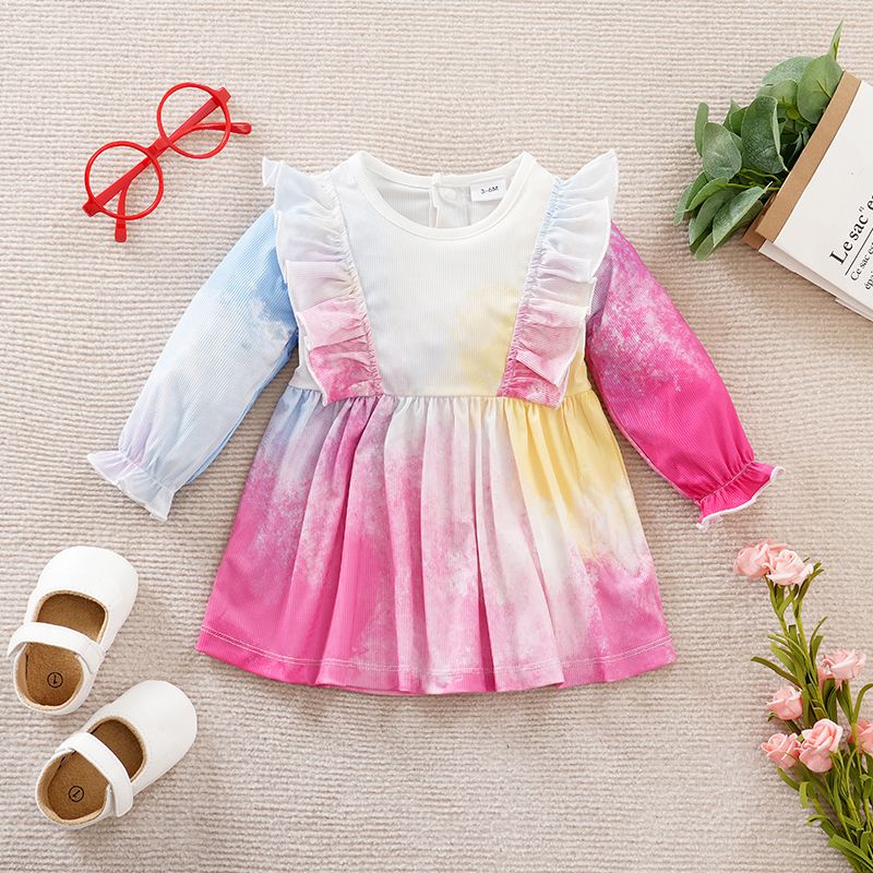 

Baby Girl Tie Dye Ruffle Trim Ribbed Long-sleeve Dress