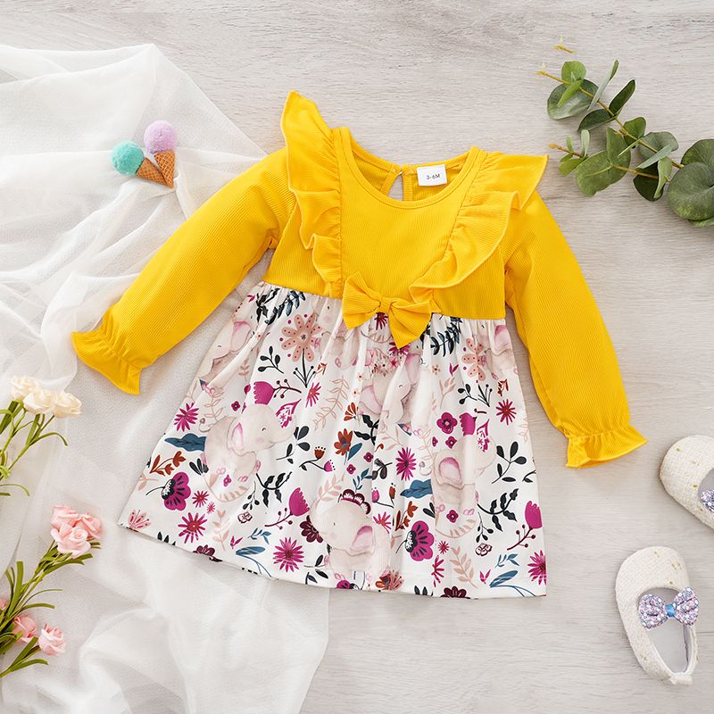 

Baby Girl Elephant & Floral Print Spliced Solid Ribbed Ruffle Trim Long-sleeve Dress
