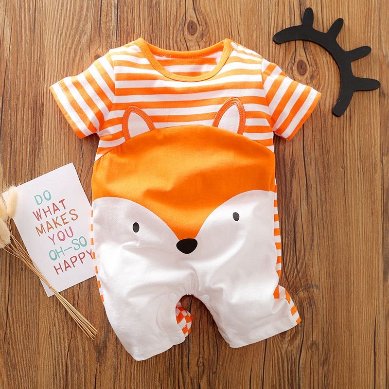 Baby Boy/Girl 100% Cotton Fox Print Striped Short-sleeve Romper