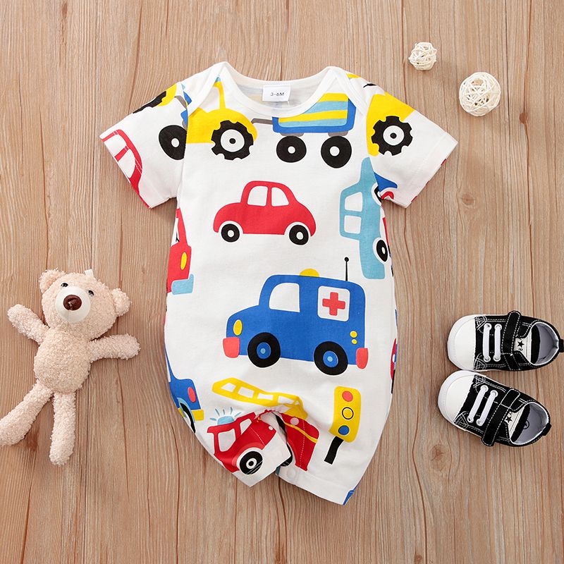 Baby Boy 100% Cotton Vehicle Print Short-sleeve Romper