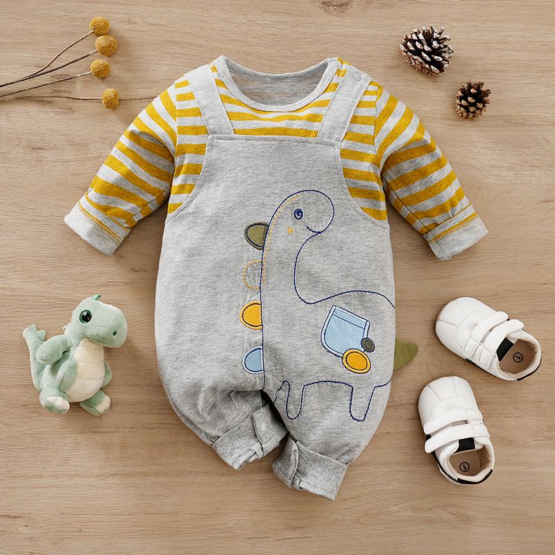 

Baby Boy 100% Cotton Dinosaur Print Striped Long-sleeve Faux-two Jumpsuit