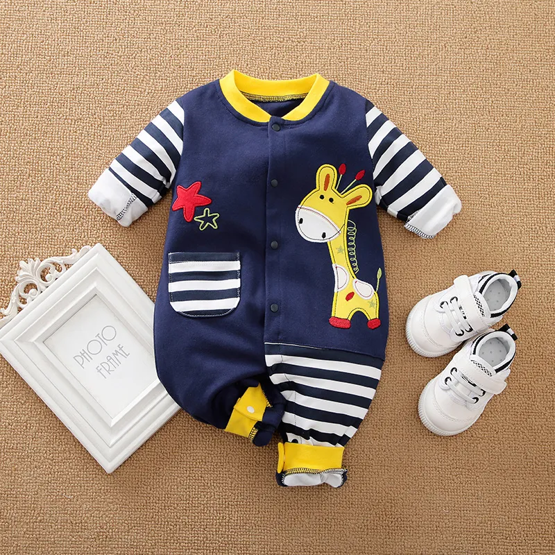 100% Cotton Giraffe Applique Stripe Print Long-sleeve Baby Jumpsuit Dark Blue big image 1