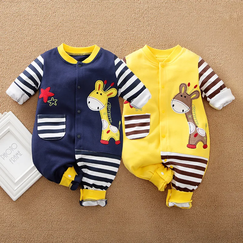 100% Cotton Giraffe Applique Stripe Print Long-sleeve Baby Jumpsuit Dark Blue image 2