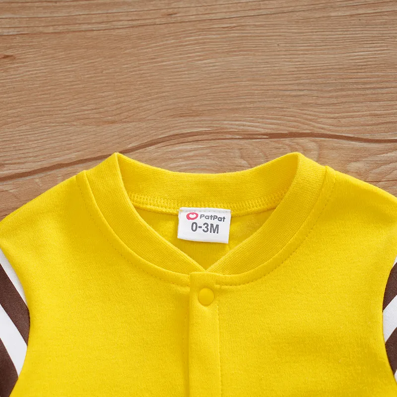 100% Cotton Giraffe Applique Stripe Print Long-sleeve Baby Jumpsuit Yellow big image 1