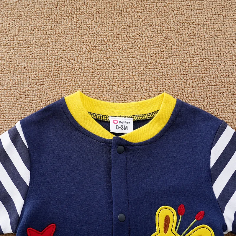 100% Cotton Giraffe Applique Stripe Print Long-sleeve Baby Jumpsuit Dark Blue image 4