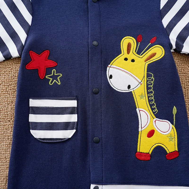 100% Cotton Giraffe Applique Stripe Print Long-sleeve Baby Jumpsuit Dark Blue big image 1
