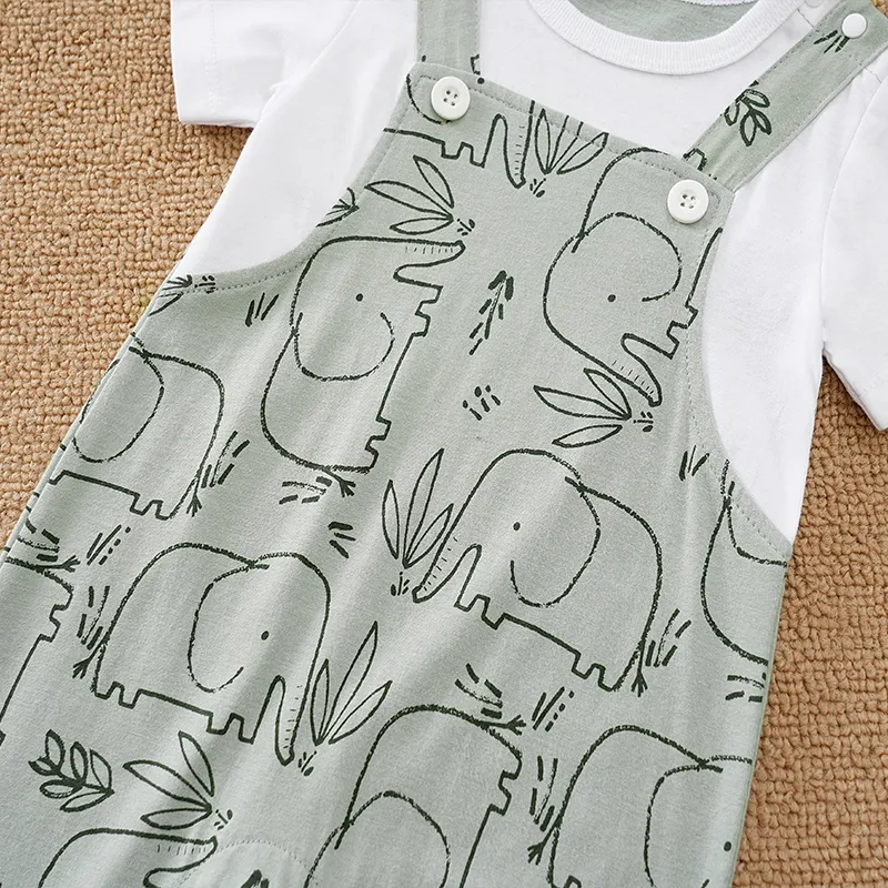 Baby Boy 100% Cotton Faux-two Short-sleeve Elephant Print Romper White big image 1