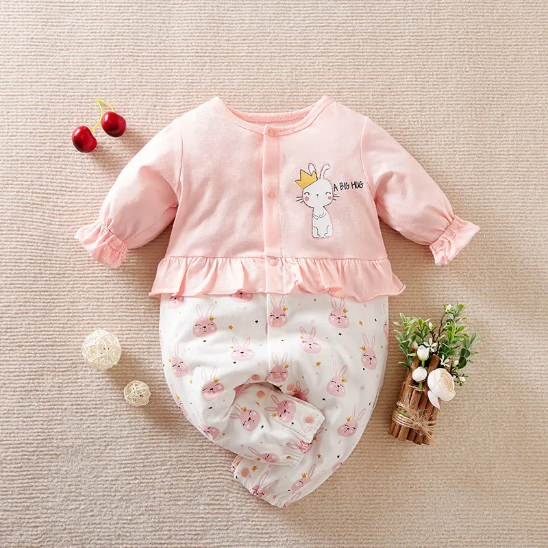 Baby Girl 100% Cotton Buttons Front Ruffle Rabbit Graphic Puff-sleeve Jumpsuit  Pink big image 1